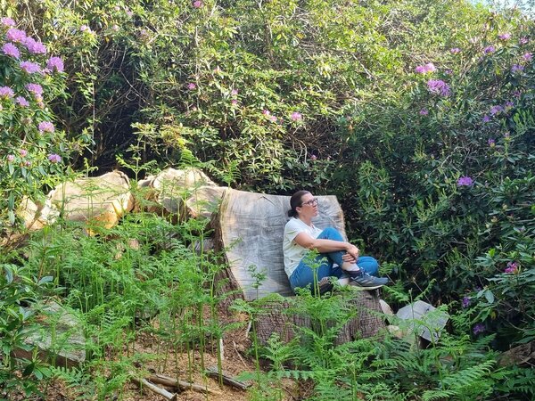 Bex Stafferton sat on a tree stump chair in her garden surrounded by woodland and rhodendron bushes. Using this as an example of true humant conent and why you shouldn't use AI to write your blog posts